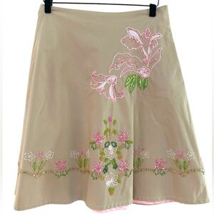 Basil & Maude Beaded Khaki Y2K Preppy Pink Beaded Rhinestone Skirt Size‎ 2